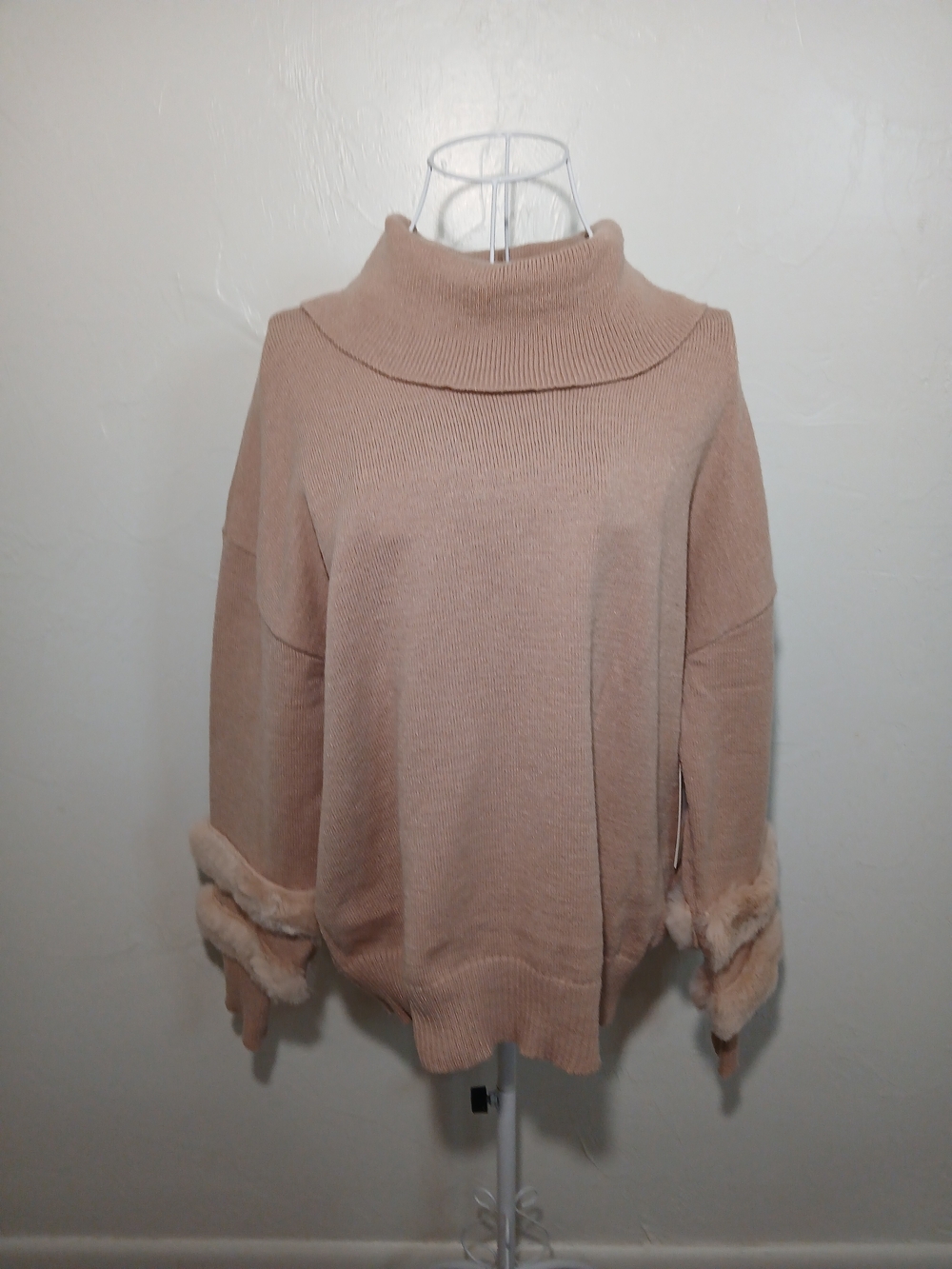 Madison + Hudson Women's Taupe Turtleneck Sweater with Faux Fur Sleeve Detail XL